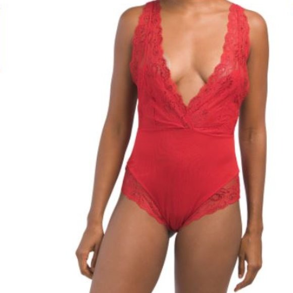 NWT MARILYN MONROE Crimson Red Deep V-neck Lace Bodysuit. - Picture 1 of 8